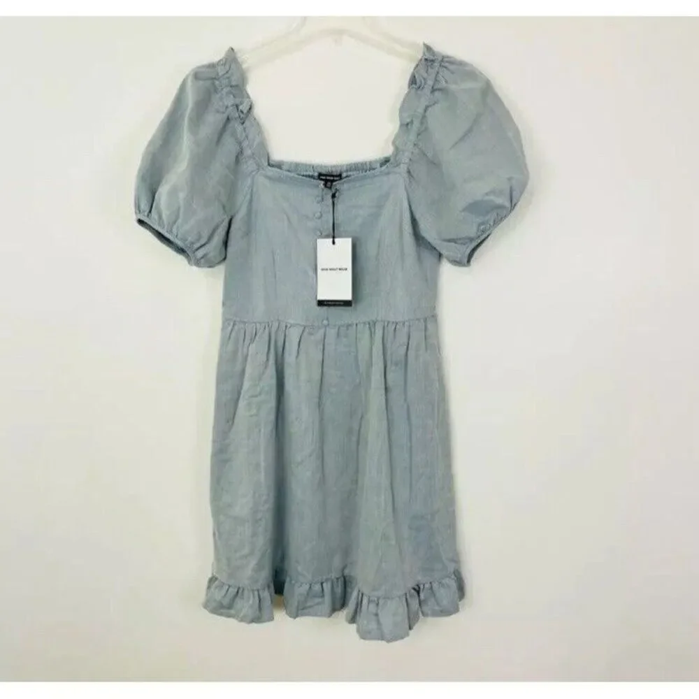 Who What Wear Women's Dress Small Chambray Twill Puff Sleeve Mini Ruffle Hem NWT